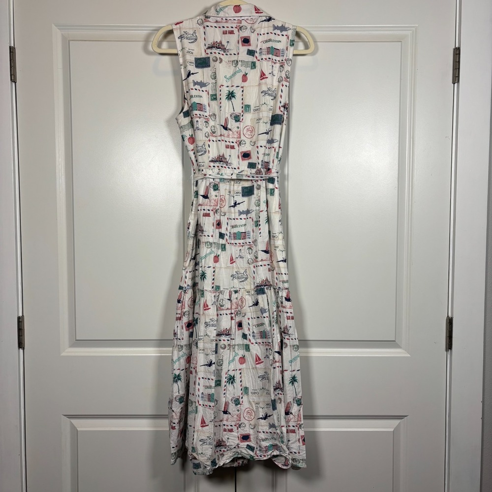 J.Crew Womens Midi Shirt Dress White Postcard Print Collared Tie-Waist Pocket 10 - Picture 2 of 10